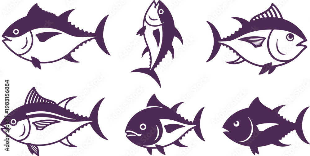 Fototapeta premium Diverse illustrations of various tuna fish species in black and white silhouette