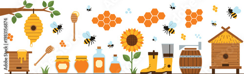 Beekeeping elements with jars of honey and sunflower against white background