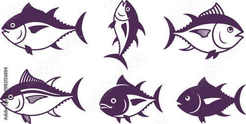 Diverse illustrations of various tuna fish species in black and white silhouette