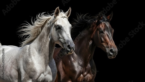 A beautiful black and white horse portrait captures the head of a majestic stallion with a flowing mane standing in a green nature pasture on a rural farm ranch