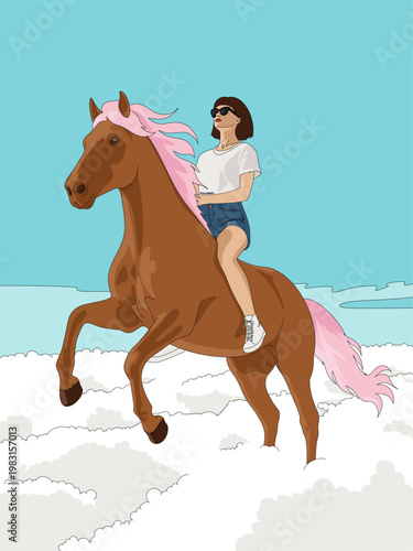 Conceptual Vector Artwork of Woman Riding a Brown Horse with Pink Hair on a Cloudy Blue Sky Freedom Summer lifestyle Concept