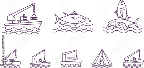 Various methods of fishing and maritime activities illustrated with simple line drawings