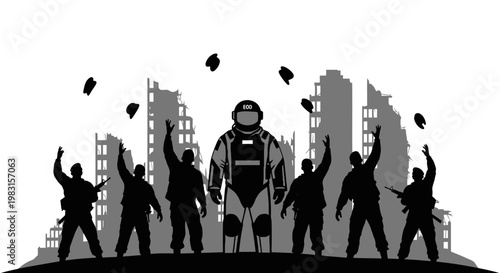 Astronaut Celebrated by Soldiers Amidst War-Torn City Ruins