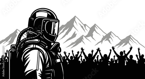Astronaut in Hazmat Suit Facing Crowd with Mountains Background