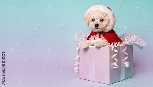 A cheerful puppy in a festive box, wearing a Santa hat and cape, ready for Christmas joy.