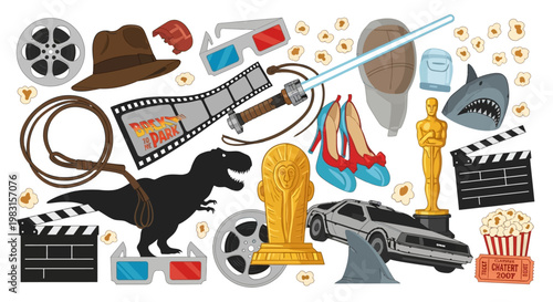 Cinema symbols display legendary objects from famous blockbuster movies.