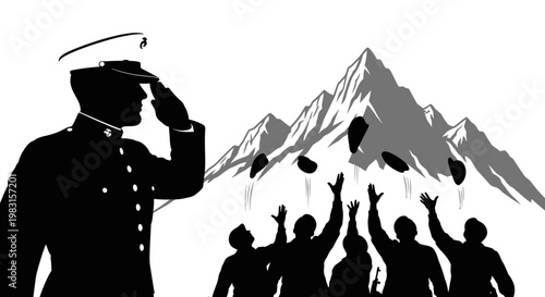 Marine Salutes as Soldiers Toss Rocks in Mountainous Landscape