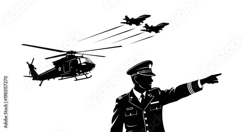 Military Commander Directs Air Support: Helicopter and Fighter Jets Fly Past