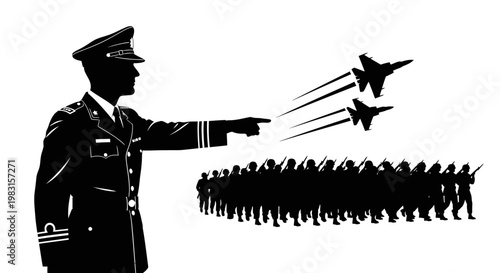 Military Commander Directs Airplanes and Soldiers, Symbolizing Strategy and Leadership