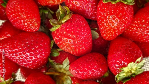 Fresh ripe strawberries in colander, top view of organic red strawberries, healthy summer fruit, natural food background, washed strawberries ready to eat, vibrant fresh berries texture