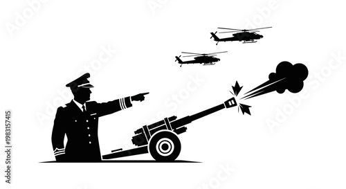 Military officer directing artillery fire with helicopters in background, action, war, strategy