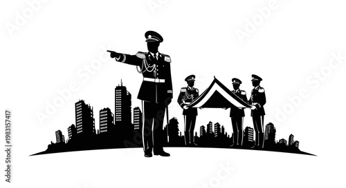 Military Officer Directing Team Carrying Flag Over City Skyline Silhouette
