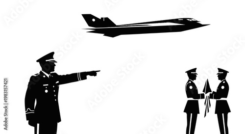 Military officer directing troops with jet overhead