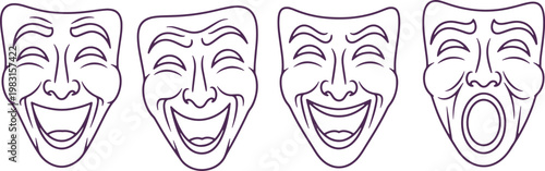 Four classical theater masks depicting various comedic expressions and emotions