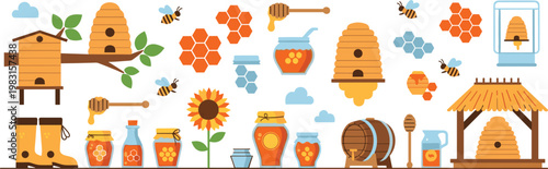 Beekeeping Apiary Elements with Honey and Bees in Flat Design Style