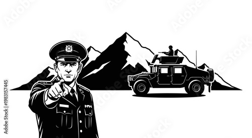 Military Officer Points Finger, Humvee and Mountains Background, Black and White