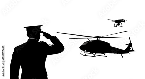 Military Officer Saluting Drone and Helicopter, Symbolizing Modern Warfare and Surveillance