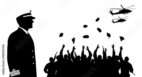 Military Officer Watches Crowd Throwing Hats, Helicopters Fly Overhead