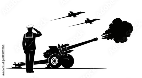 Military Salute: Sailor, Cannon Firing, Fighter Jets Fly Over