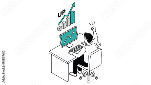 Successful businessman sitting at a desk celebrating financial growth with an upward green arrow and bar chart, isometric line art vector illustration