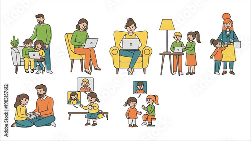 Set of people using technology at home featuring a woman in an armchair, a man on a sofa, and kids participating in online learning and virtual meetings with relatives