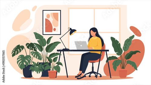 Young woman working on a laptop at a cozy home office desk surrounded by lush green monstera and indoor houseplants, creating a productive urban jungle environment