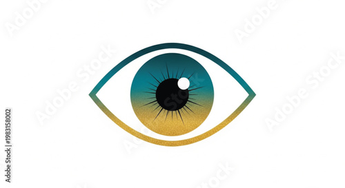 This minimalist vector illustration features a stylized human eye with a striking teal and gold gradient iris. Black radiating lines surround the pupil, adding depth and detail. Perfect for concepts.