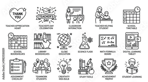 Collection of educational icons representing various aspects of learning, teaching, and school life, including classroom activities, study tools, and student achievements.