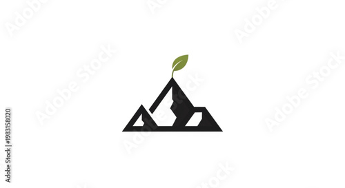 A minimalist vector logo featuring a stylized black mountain peak with a single green leaf growing from the summit. This conceptual design symbolizes sustainable growth, environmental conservation.