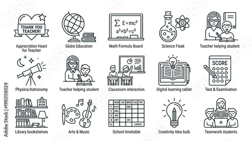 A collection of 15 line art icons representing various aspects of education, learning, and school life, including science, arts, and student-teacher interactions.
