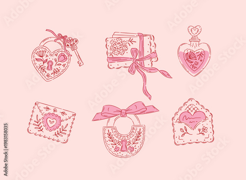 Love floral elements heart shape, lock, envelope perfume drawing in romantic style with red on peach background