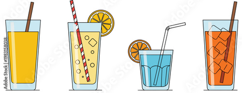 Four refreshing drinks in glasses with straws and ice on a white background
