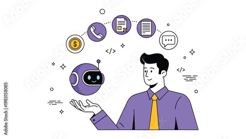 Businessman using an artificial intelligence chatbot assistant for automated customer support, financial management, and office tasks, flat vector illustration