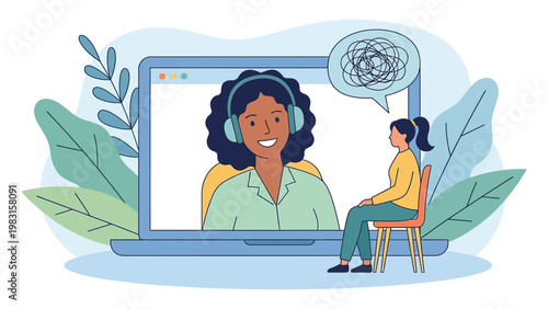 An Illustration Depicting a Young Woman Seeking Online Mental Health Support and Professional Counseling via a Virtual Video Call on Her Laptop