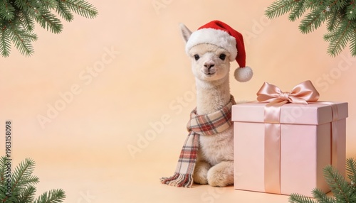 A festive alpaca wearing a Santa hat next to a gift box on a soft pastel background.