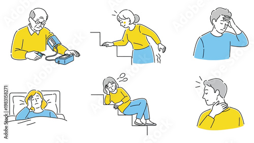 Comprehensive eldercare and nursing concept bundle showing seniors with various health issues like hypertension, mobility difficulties, insomnia, and muscle strain