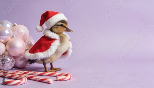 A festive duckling wearing a Santa hat and cape among holiday decorations and candy canes.