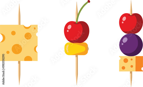 Cheese and Fruit Skewers with Toothpicks on White Background