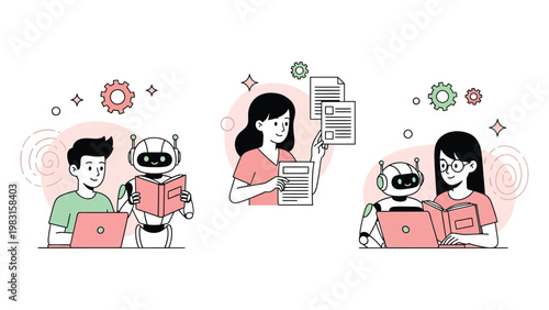 Conceptual bundle showing artificial intelligence robots acting as personal tutors and study buddies for young people, educational technology and automation