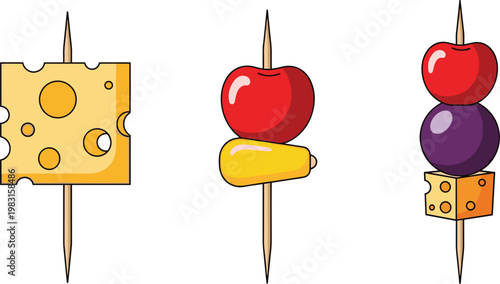 Cheese and fruit appetizers on skewers isolated on white background