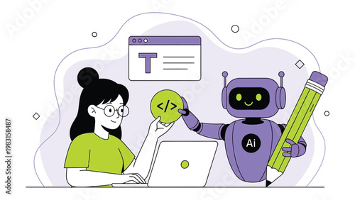 Conceptual illustration of an artificial intelligence bot holding a pencil to assist a woman with copywriting and web development tasks on a laptop