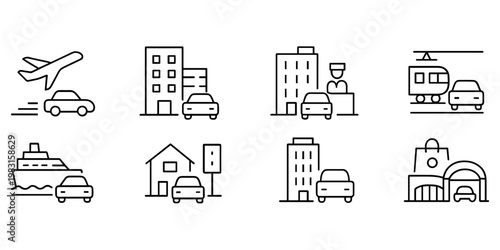 Document and building icons representing services in grid
