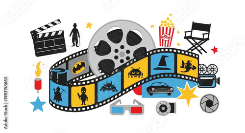 Cinematic industry icons featuring film strips and movie gear symbols.