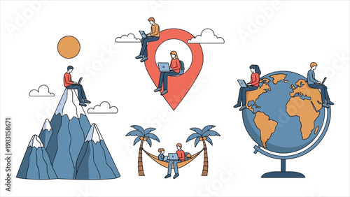  Digital nomad lifestyle concept set featuring people working on laptops from a mountain top, a tropical beach hammock, and on top of the world globe