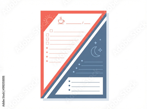 This minimalist daily planner template features a creative diagonal split, separating morning and evening routines. The daytime section includes a checklist and sun icons in soft coral.