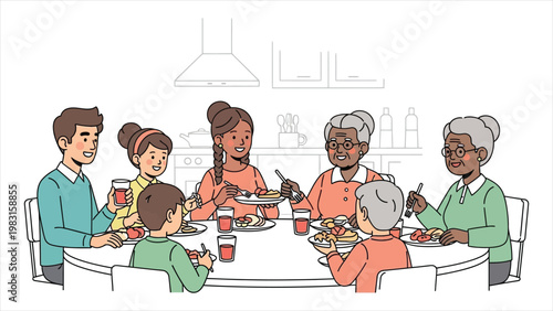 Diverse group of multicultural people and generations sitting at a round table for a communal dinner, sharing a healthy meal in a cozy home kitchen setting
