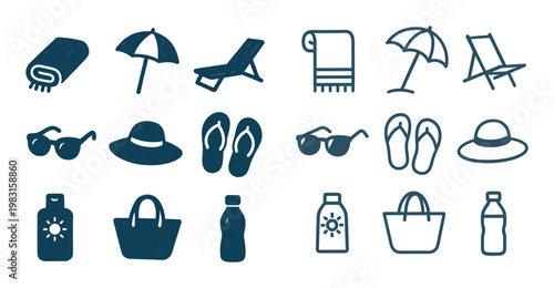 Beach accessories icons showing summer leisure items