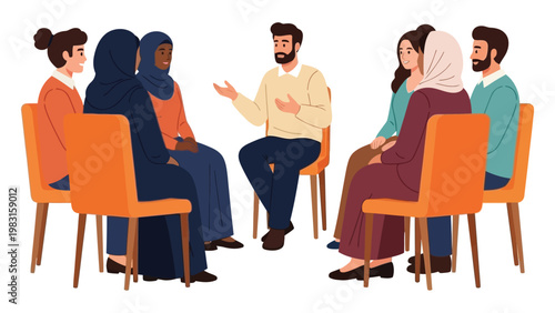 Diverse group of Muslim men and women sitting in a circle for a support group meeting, therapy session, or community discussion