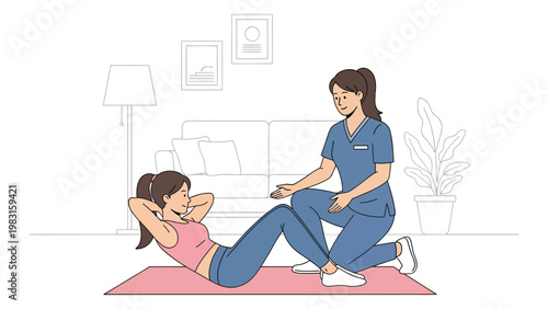 Female physiotherapist or personal trainer assisting a young woman with core strengthening crunches on a yoga mat in a modern living room setting