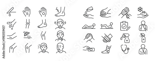 Hand and limb care icons showing injuries on white background